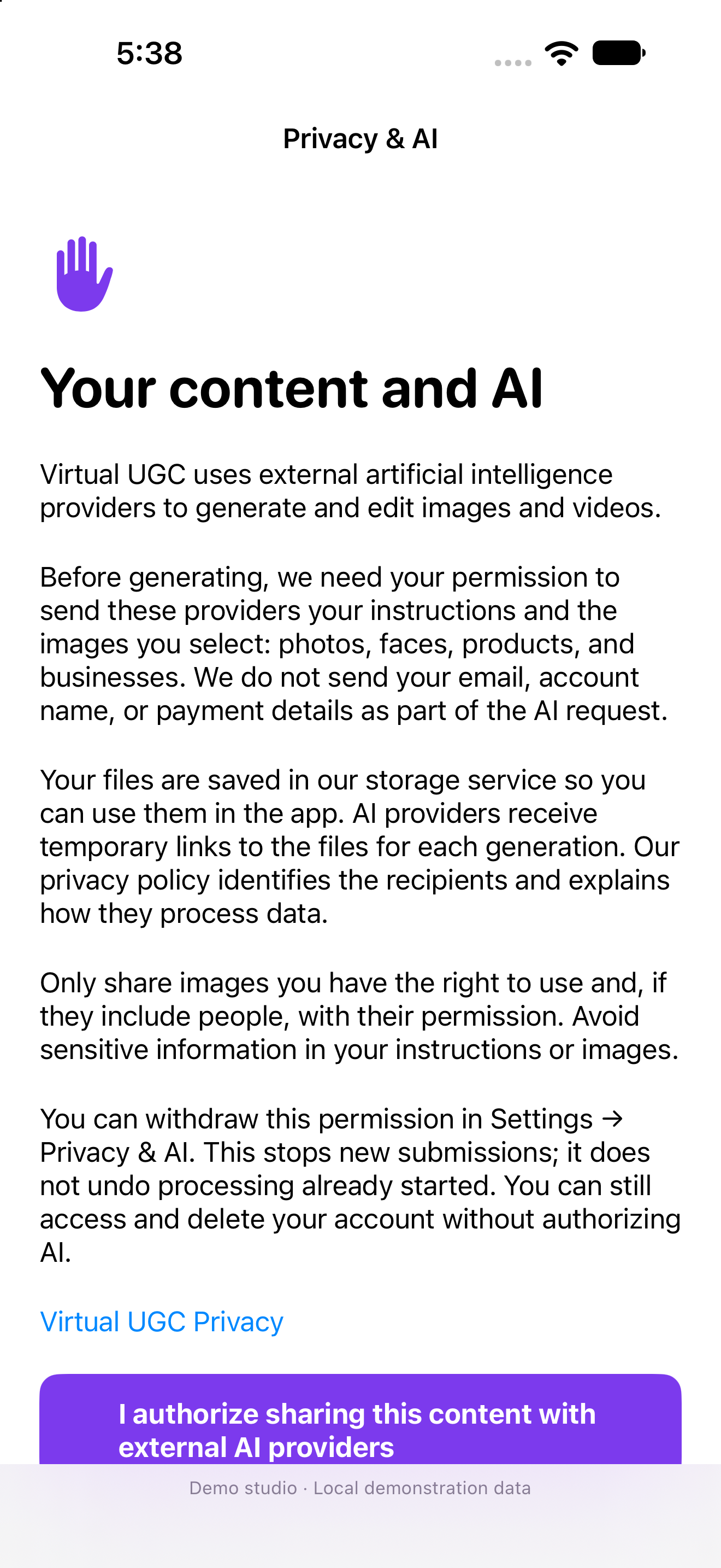 Real Privacy & AI screen in Virtual UGC